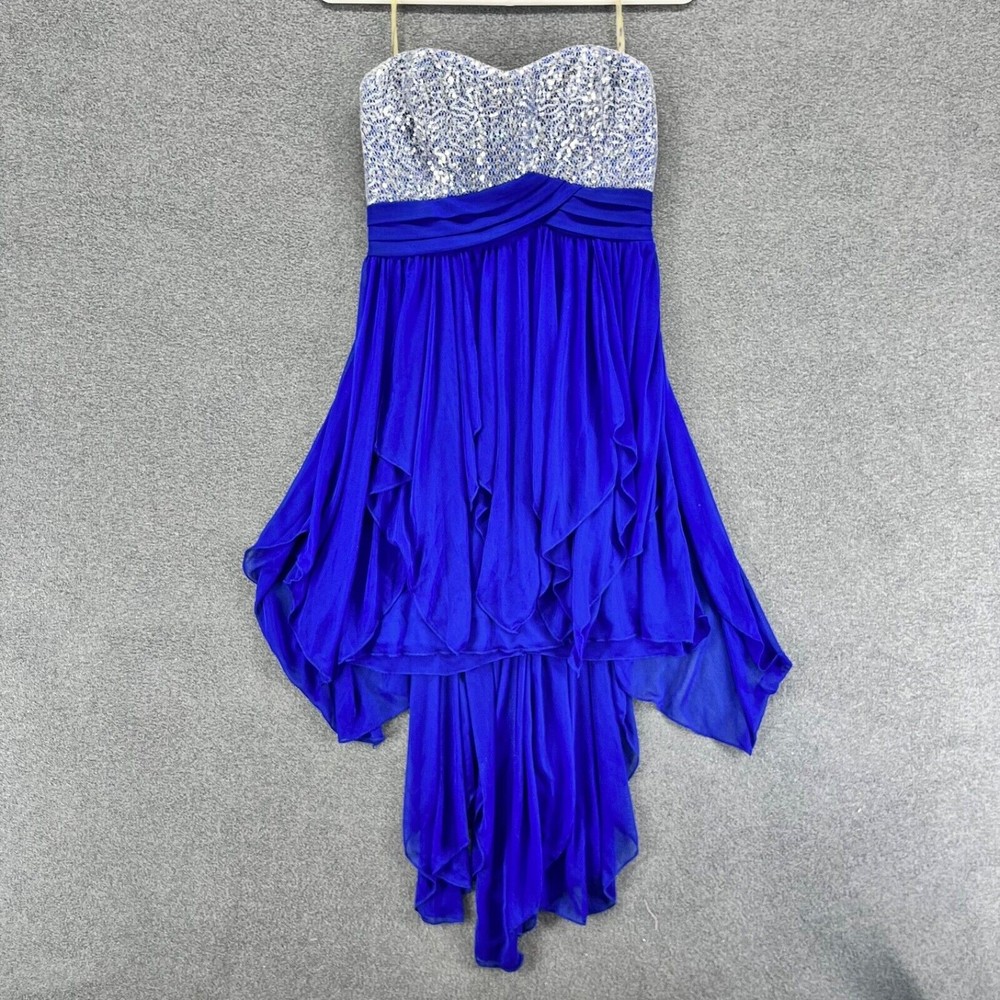 MyMichelle Womens Dress size 5 Strapless silver Sequin Flared High & Low Blue